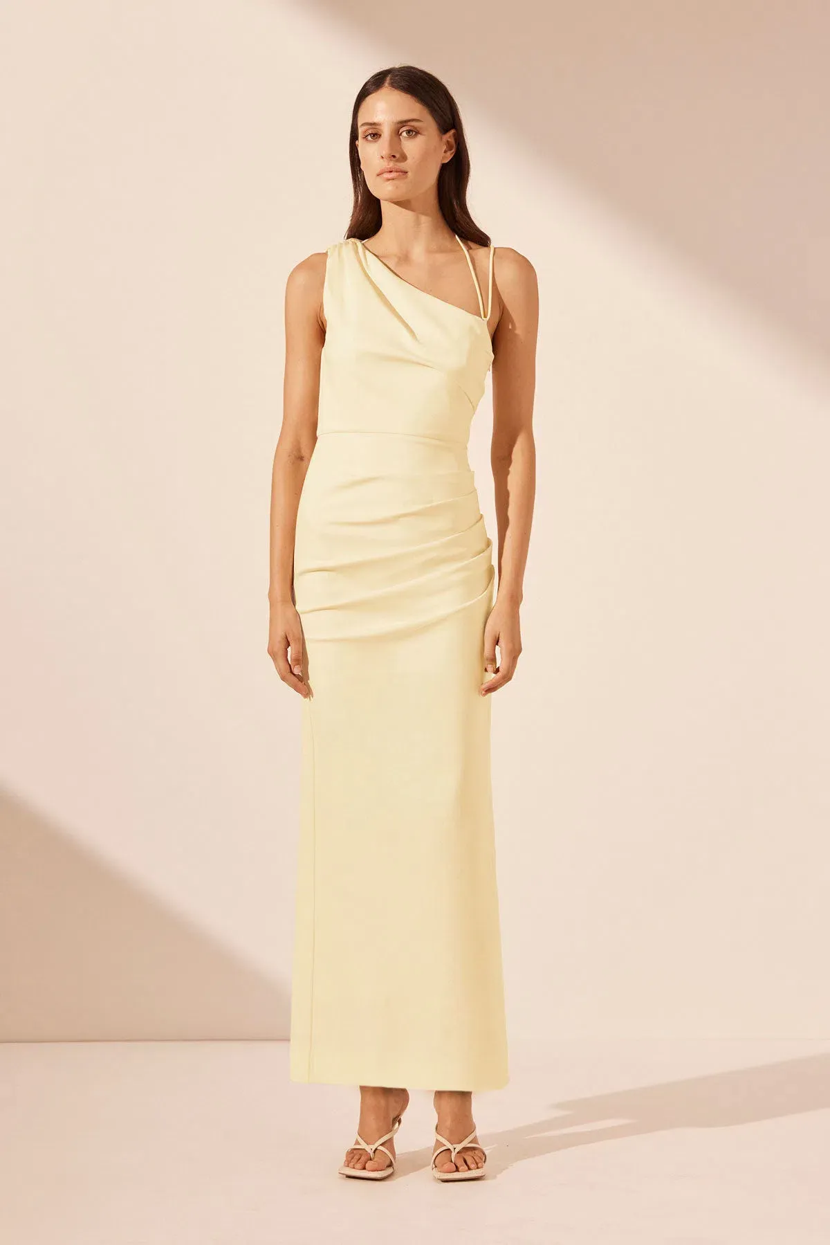 Shona Joy Lani Asymmetrical Gathered Midi Dress in Vanilla Size AU 6 for rent on The Volte - main image