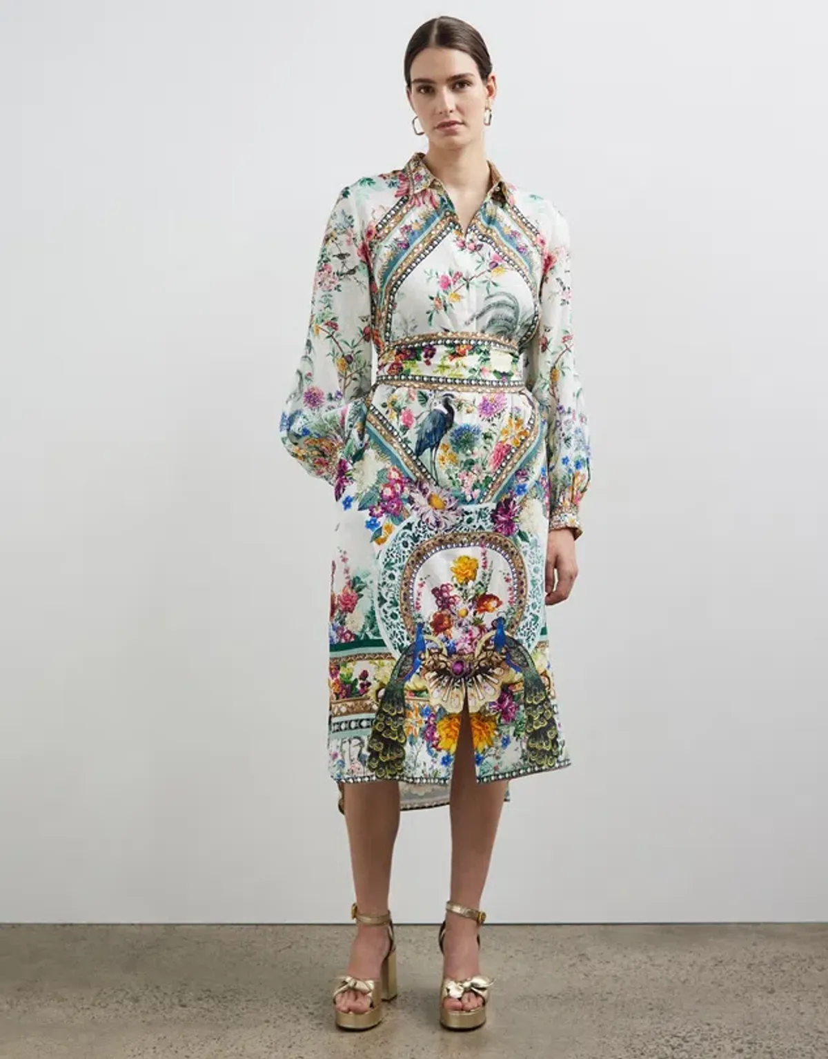 Camilla High Low Midi Linen Shirt Dress Plumes and Parterres Size AU 14 for rent on The Volte - main image