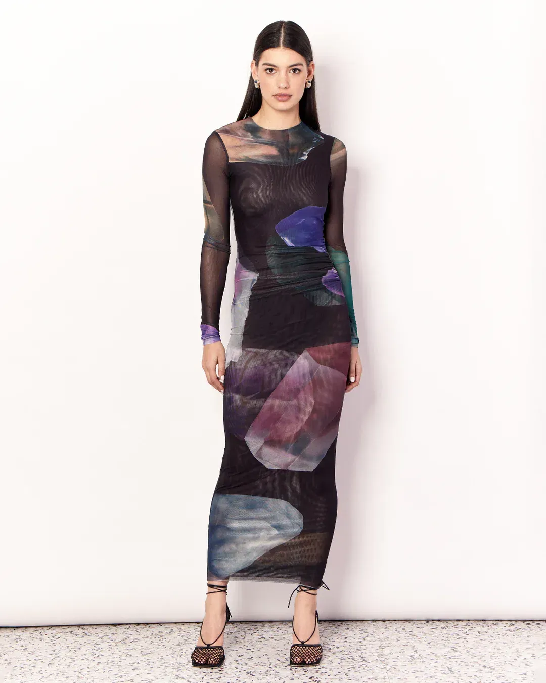 Romy Gemstone Long Sleeve Mesh Maxi Dress Black Multi Size AU 12 for rent on The Volte - main image