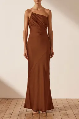 Shona Joy Luxe Asymmetrical Gathered Maxi Dress in Mocha Size 8 for rent on The Volte - image 1