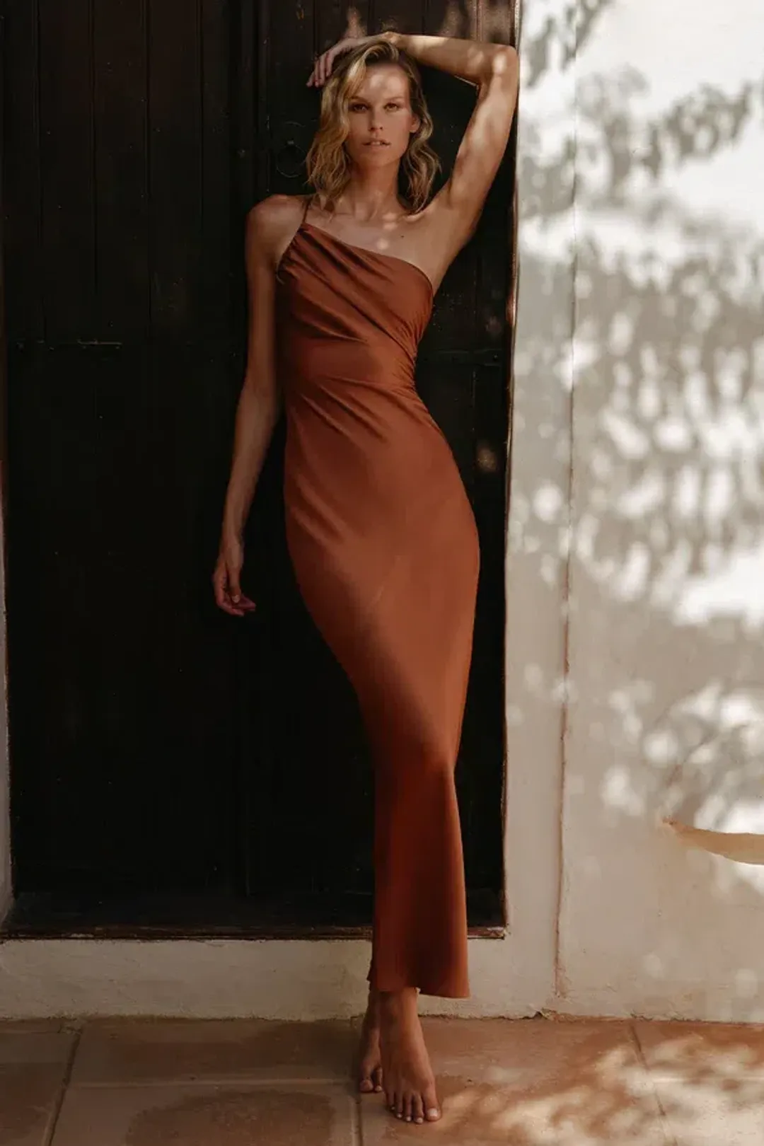 Shona Joy Luxe Asymmetrical Gathered Maxi Dress in Mocha Size 8 for rent on The Volte - main image