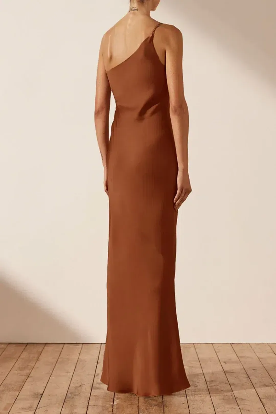 Shona Joy Luxe Asymmetrical Gathered Maxi Dress in Mocha Size 8 for rent on The Volte - main image