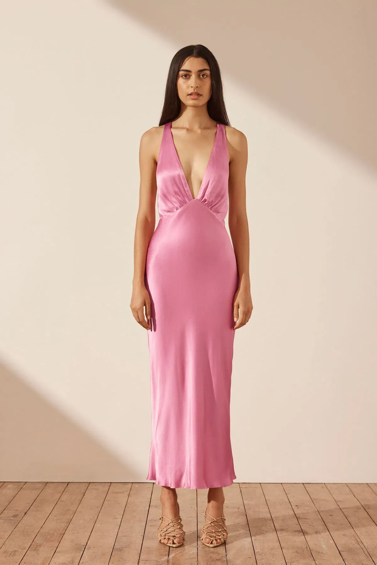 Shona Joy Arienzo Plunged Cross Back Midi Dress in Ibis Rose Size 8 for rent on The Volte - main image