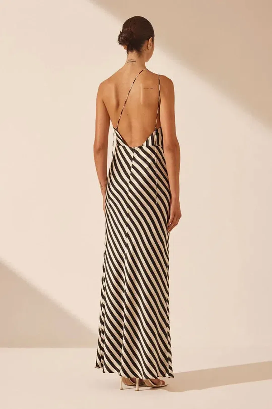 Shona Joy Escalet Silk One Shoulder Open Back Maxi Dress Black/Cream Size 8 for rent on The Volte - main image