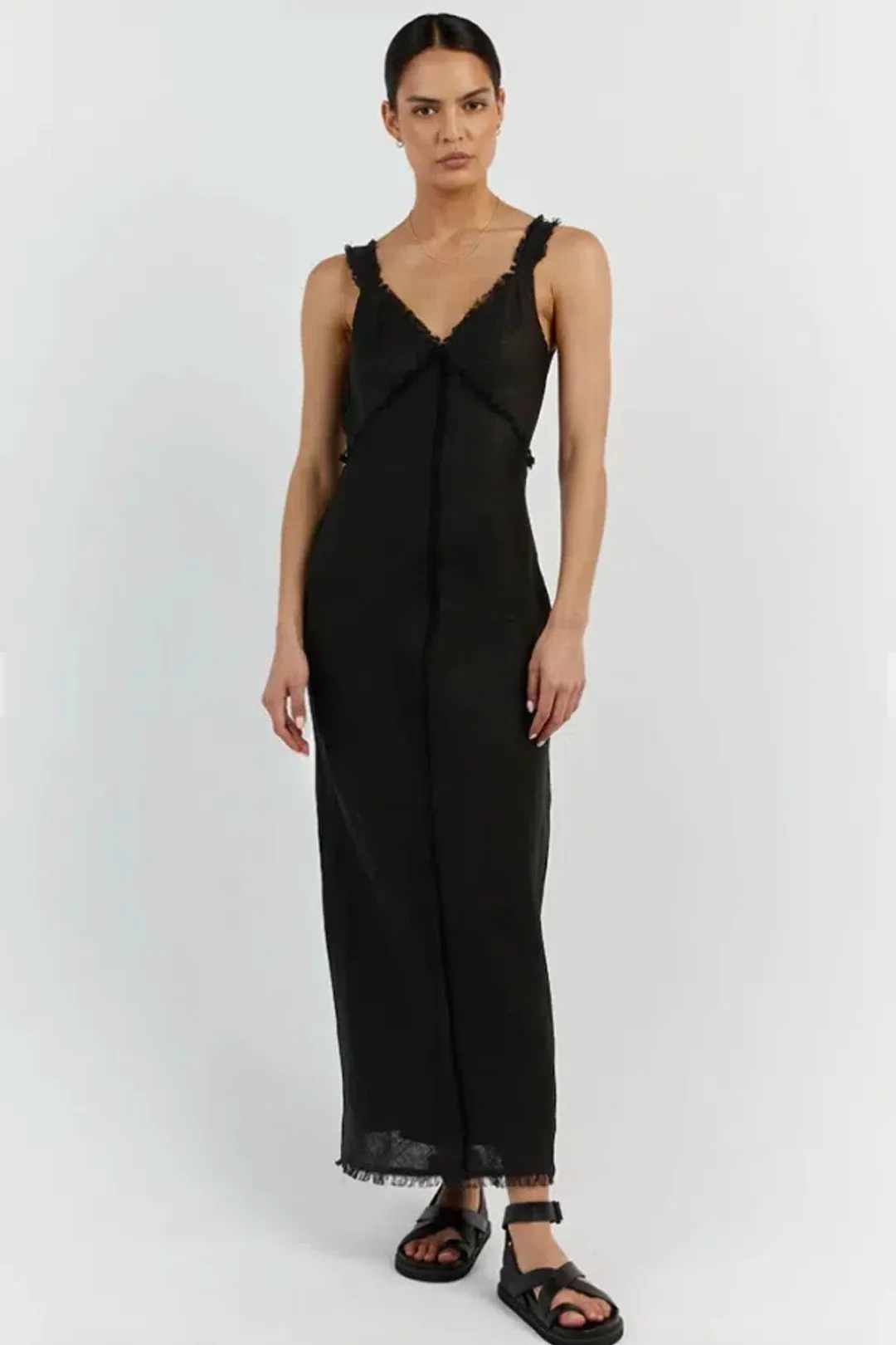 Dissh Georgie Linen Fringe Midi Dress Black Size 6 for rent on The Volte - main image