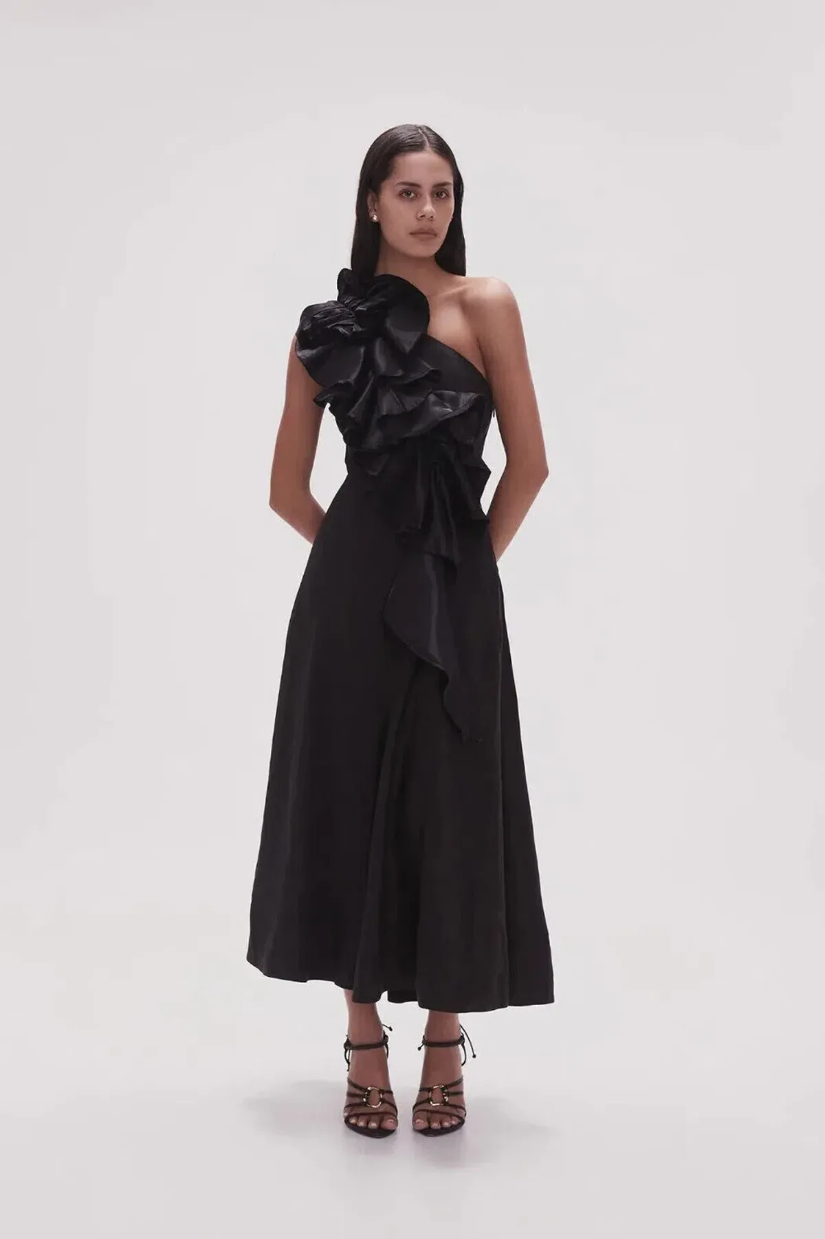 Aje Adelia Ruffle Midi Dress Black Size 16 for rent on The Volte - main image