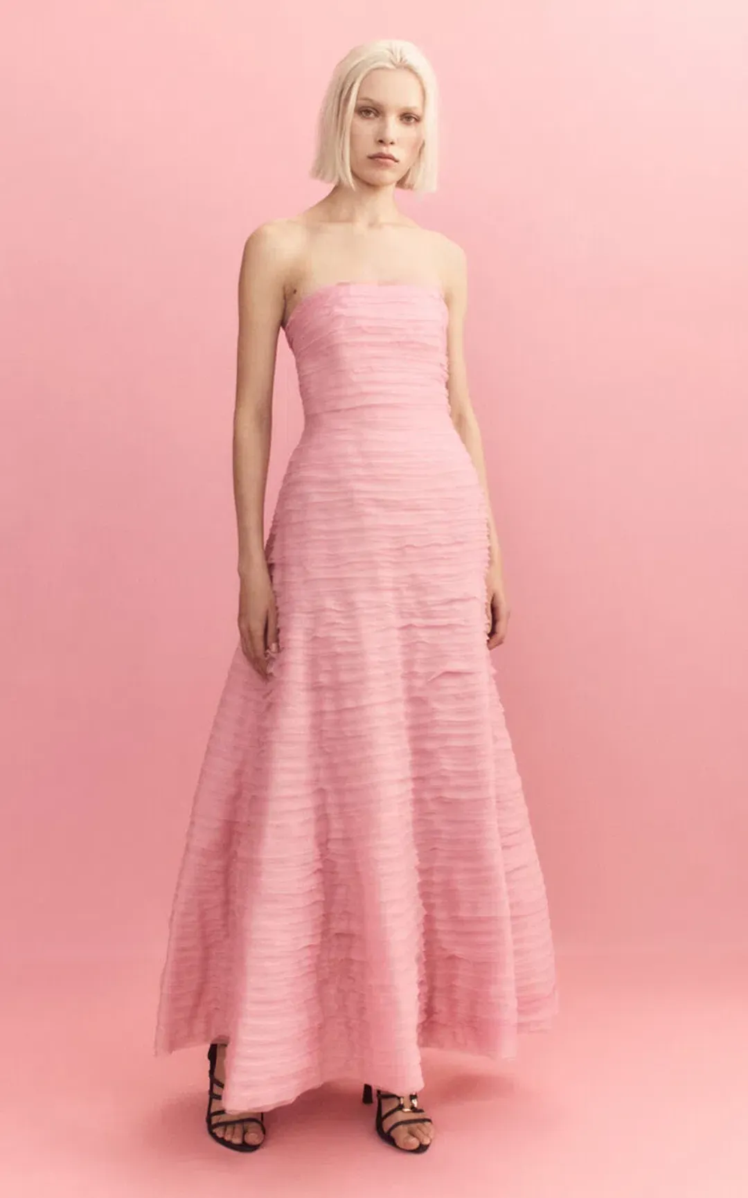 Aje Soundscape Strapless Ruffled Maxi Dress Pink Size 14 for rent on The Volte - main image