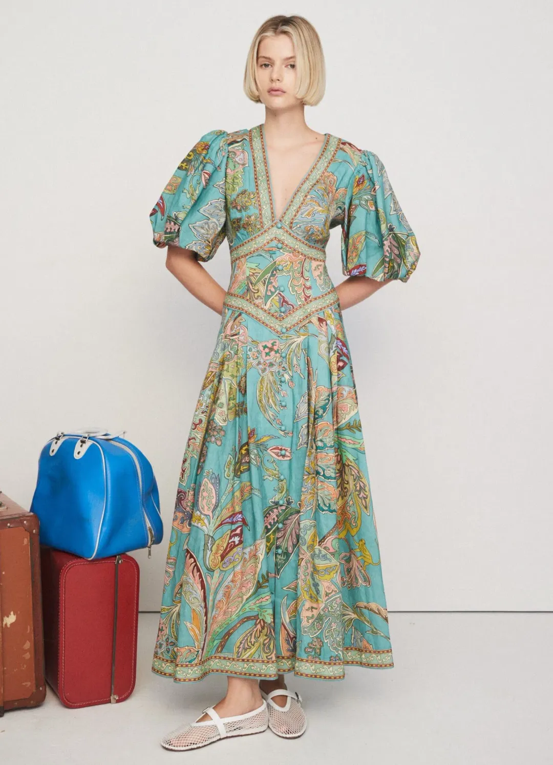 Alemais Franca Linen Midi Dress Green Multi Size AU 12 for rent on The Volte - main image