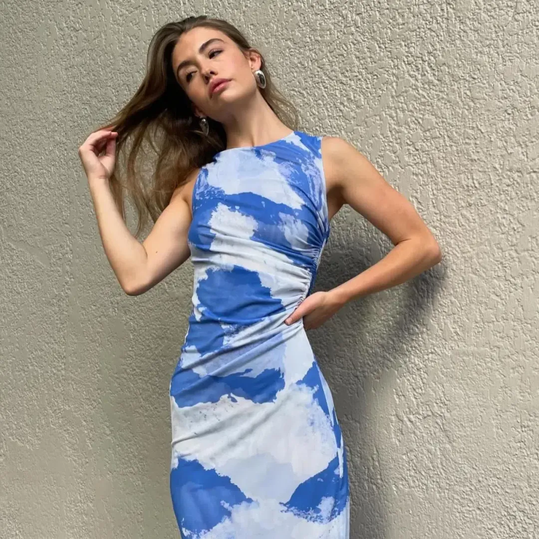 Scanlan Theodore Italian Cloud Print Dress in Blue Size AU 10 for rent on The Volte - main image