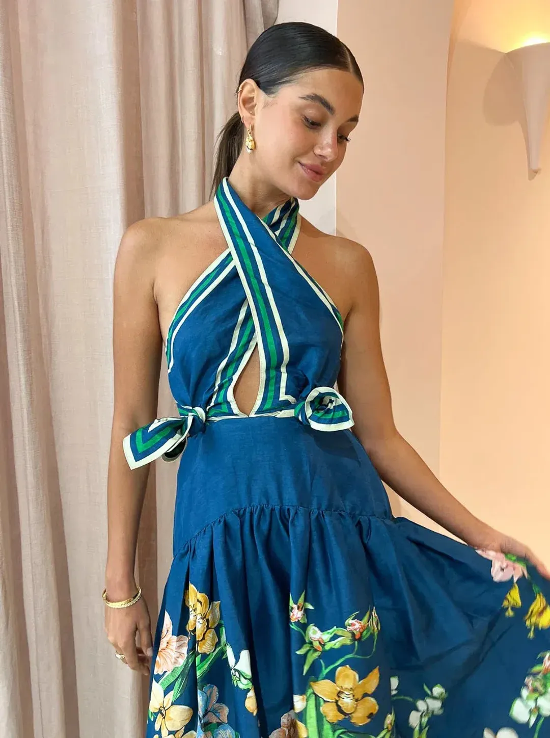 Alemais Lyla Halter Midi Dress Navy Floral Size AU 6  for rent on The Volte - main image