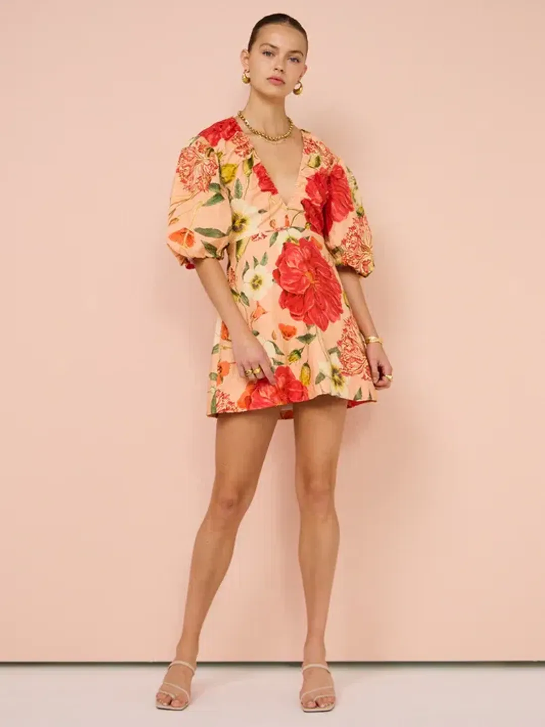 By Nicola Bolero Gathered Mini Dress in Raspberry Punch Floral Size AU 8  for rent on The Volte - main image