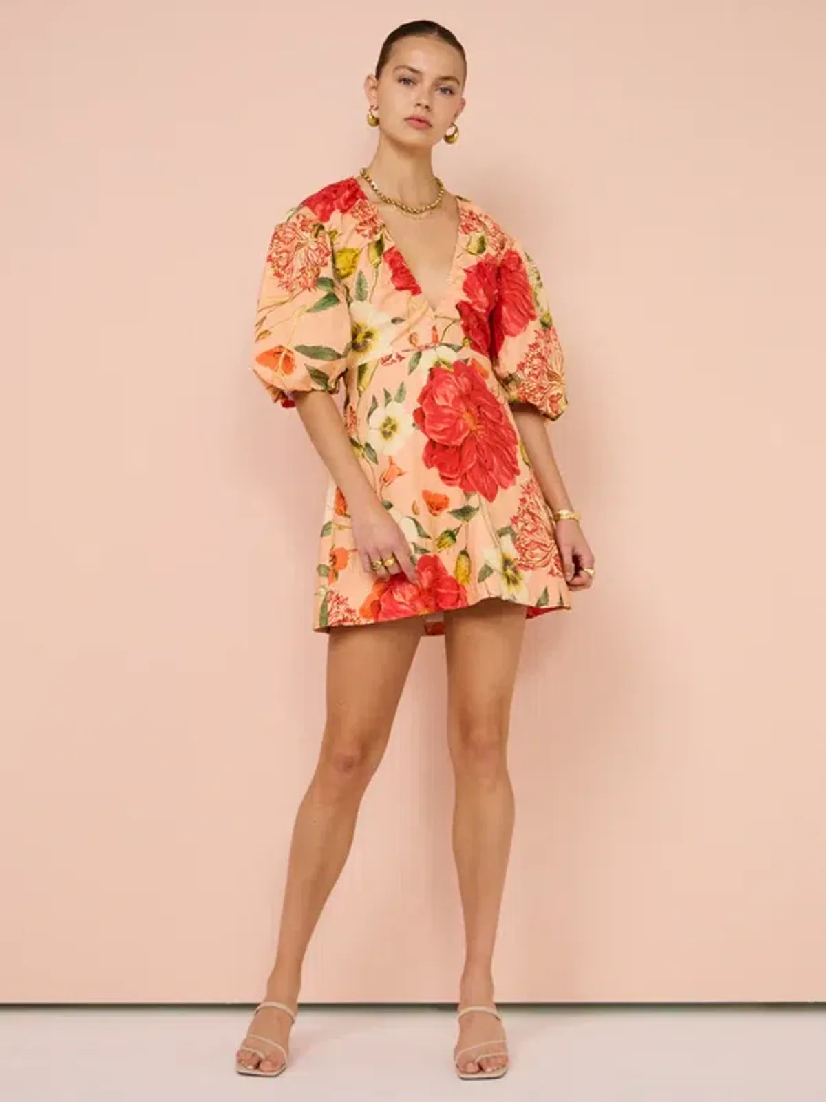 By Nicola Bolero Gathered Mini Dress in Raspberry Punch Floral Size AU 8  for rent on The Volte - main image