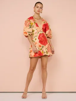 By Nicola Bolero Gathered Mini Dress in Raspberry Punch Floral Size AU 8  for rent on The Volte - image 1