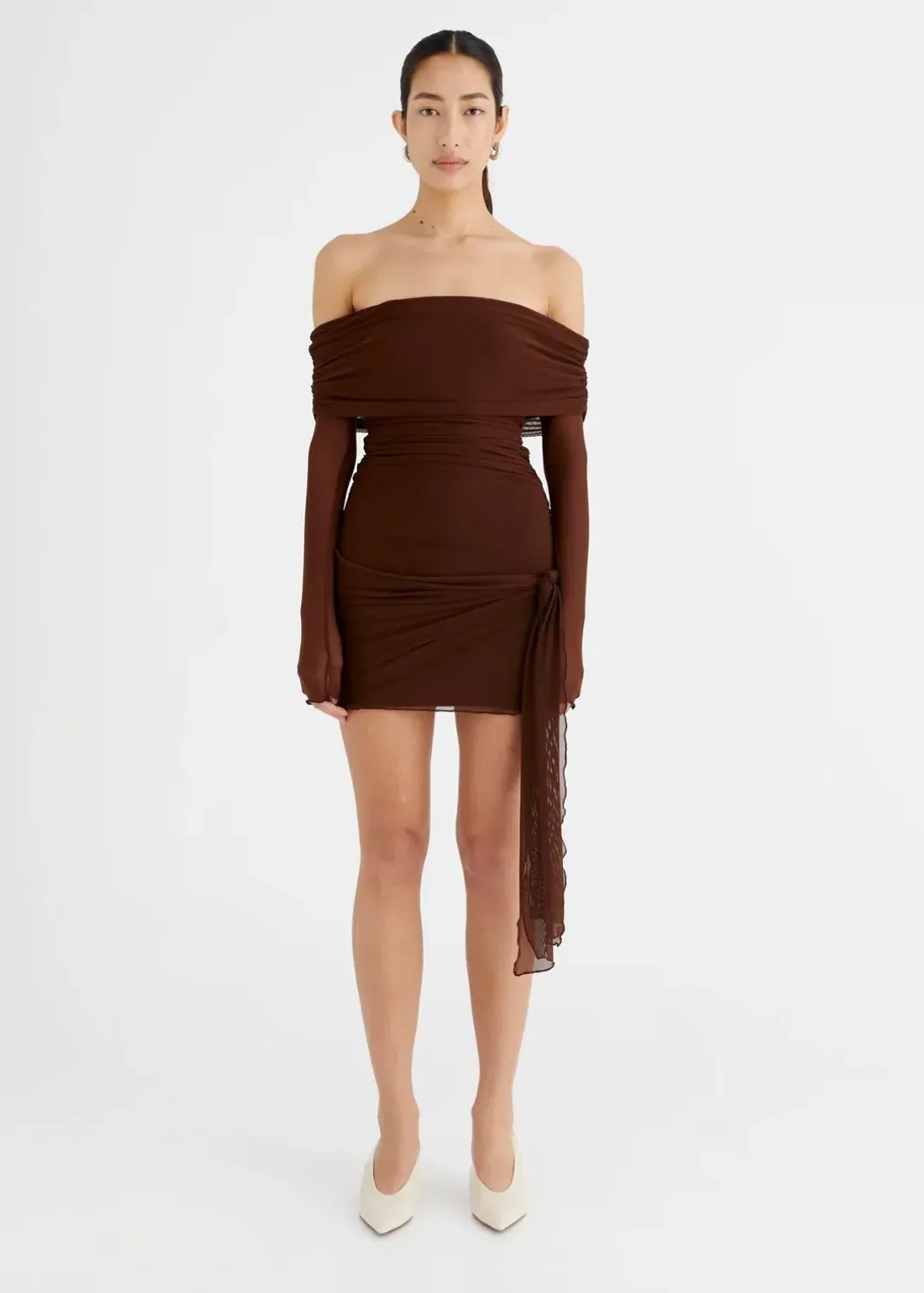 Benni Yasmin Off Shoulder Mini Dress Cacao Size 10  for rent on The Volte - main image