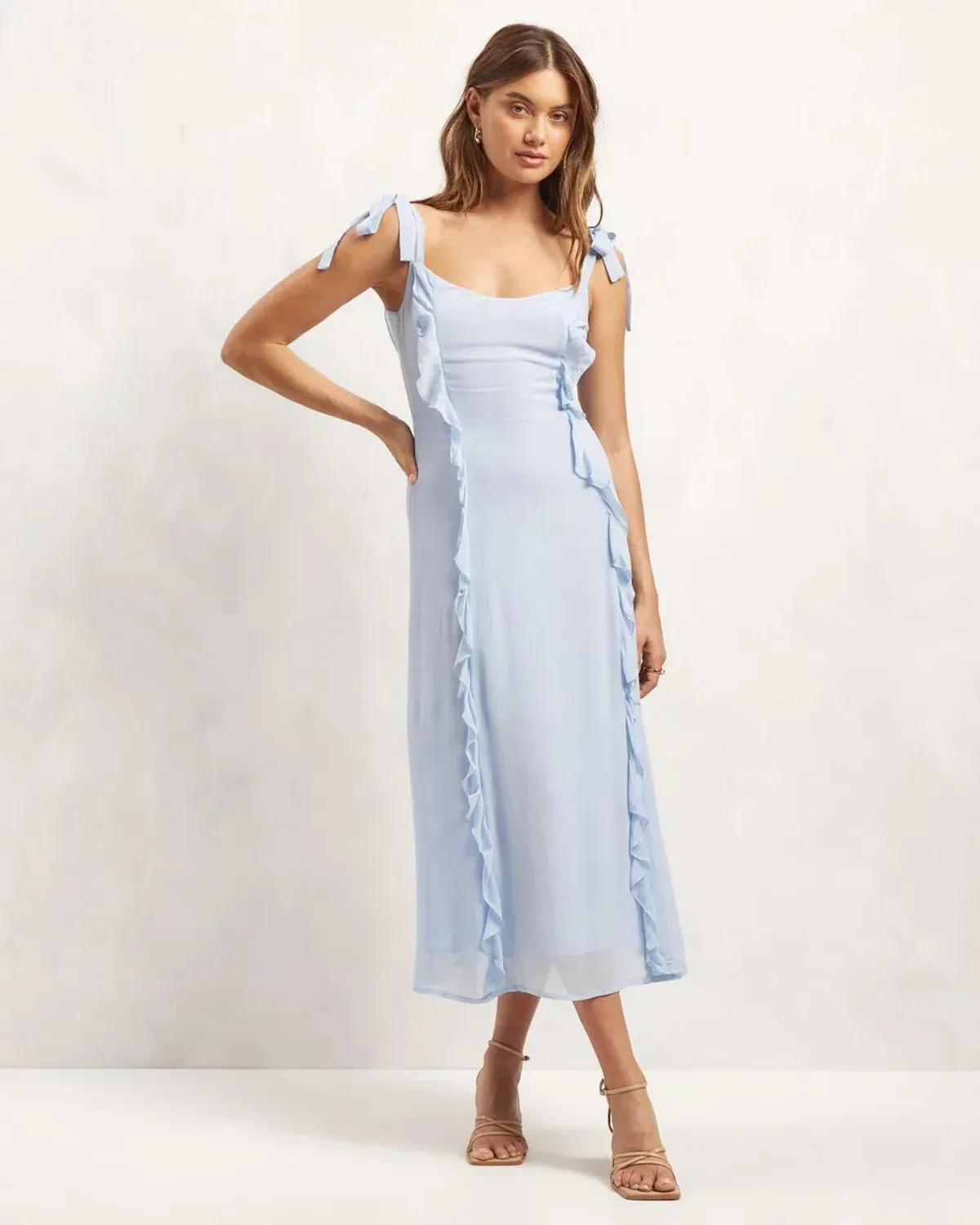 Aere Ruffle Tie Shoulder Midi Dress Pale Blue Size 10 for rent on The Volte - main image
