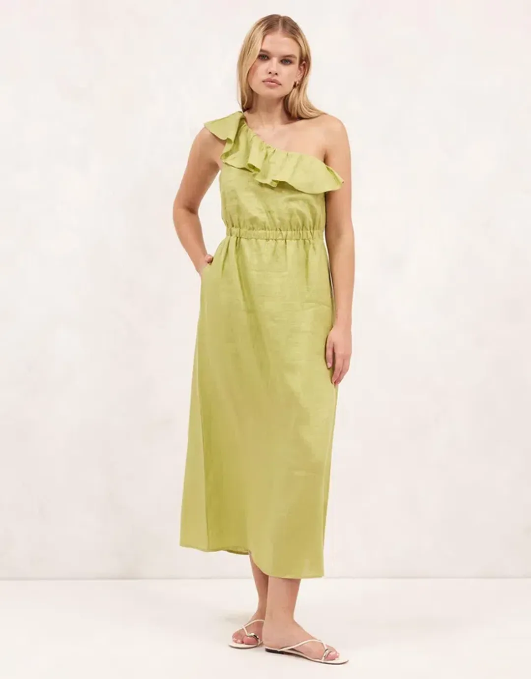 Aere Linen One Shoulder Midi Dress Bay Leaf Green Size 8 for rent on The Volte - main image