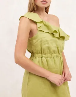 Aere Linen One Shoulder Midi Dress Bay Leaf Green Size 8 for rent on The Volte - image 2
