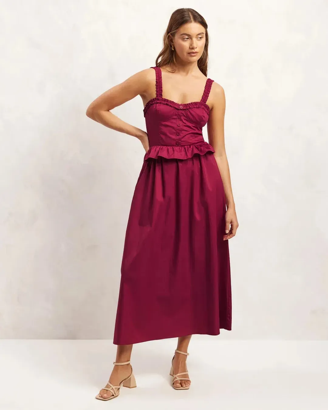 Aere Organic Cotton Peplum Midi Dress Black Cherry Size 8 for rent on The Volte - main image