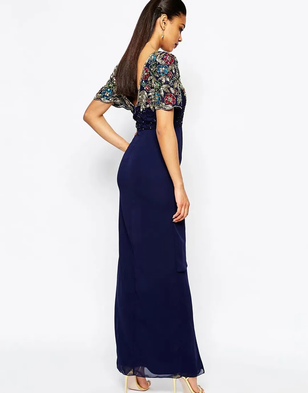 Virgos Lounge Ariann Embellished Maxi Navy Dress With Frill Wrap Skirt Navy Size AU 6 for rent on The Volte - main image