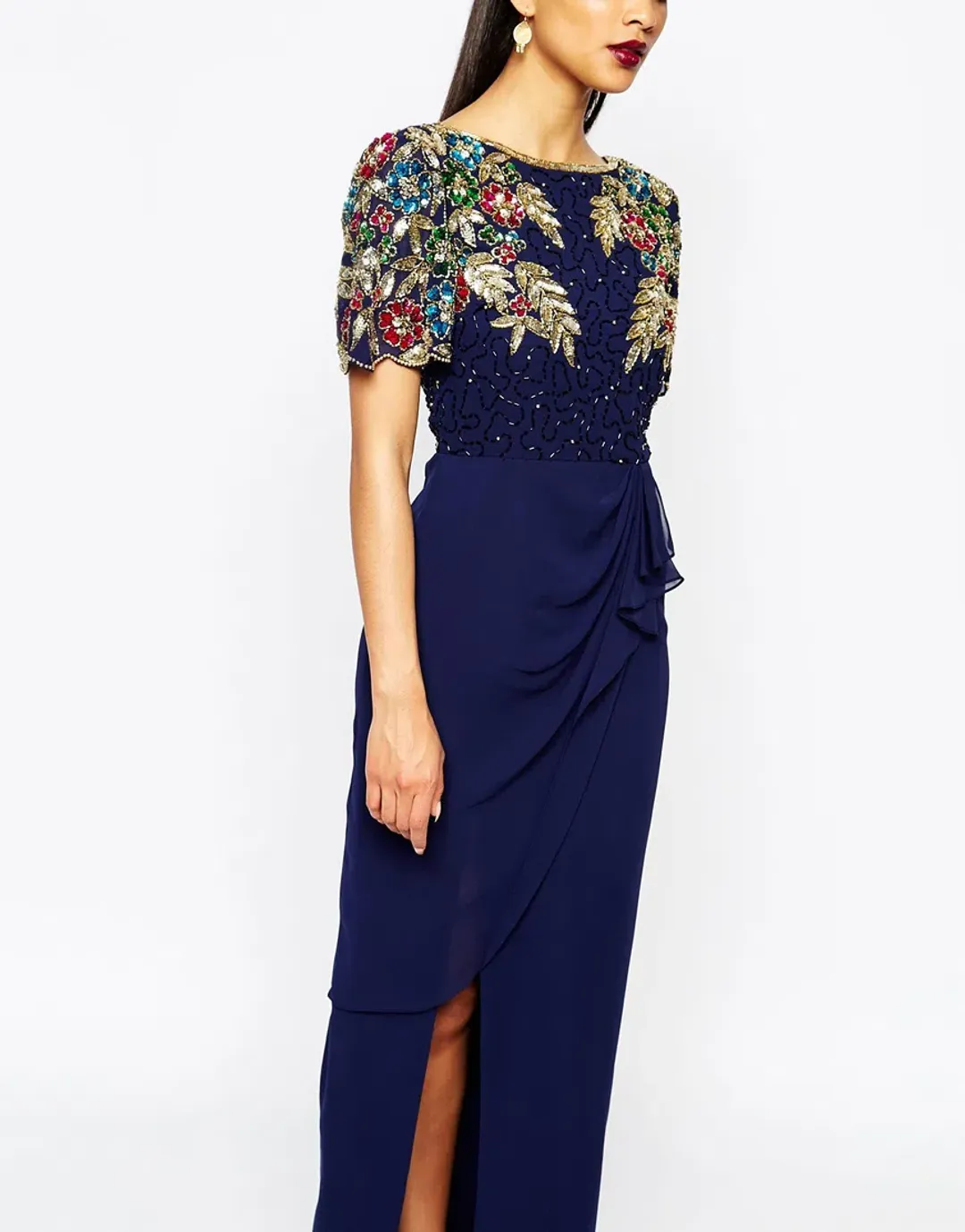 Virgos Lounge Ariann Embellished Maxi Navy Dress With Frill Wrap Skirt Navy Size AU 6 for rent on The Volte - main image