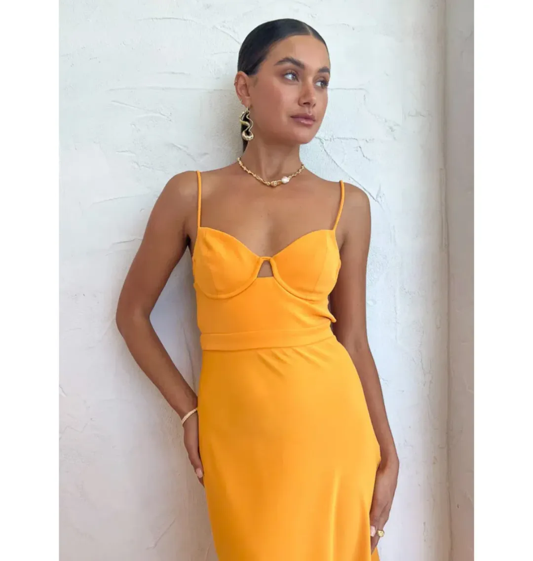 By Johnny Callia Wire Midi Dress In Apricot Orange Size AU 12 for rent on The Volte - main image