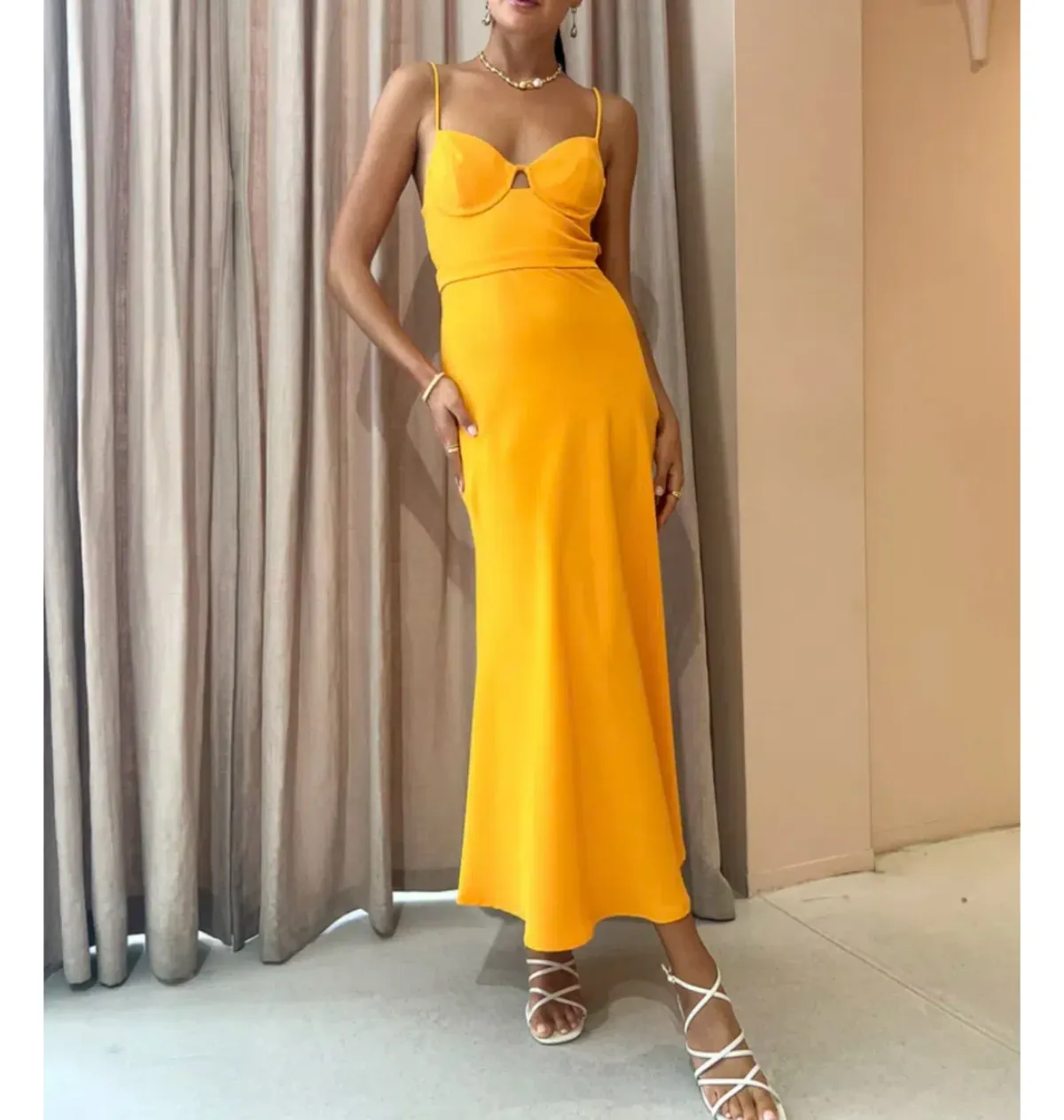 By Johnny Callia Wire Midi Dress In Apricot Orange Size AU 12 for rent on The Volte - main image