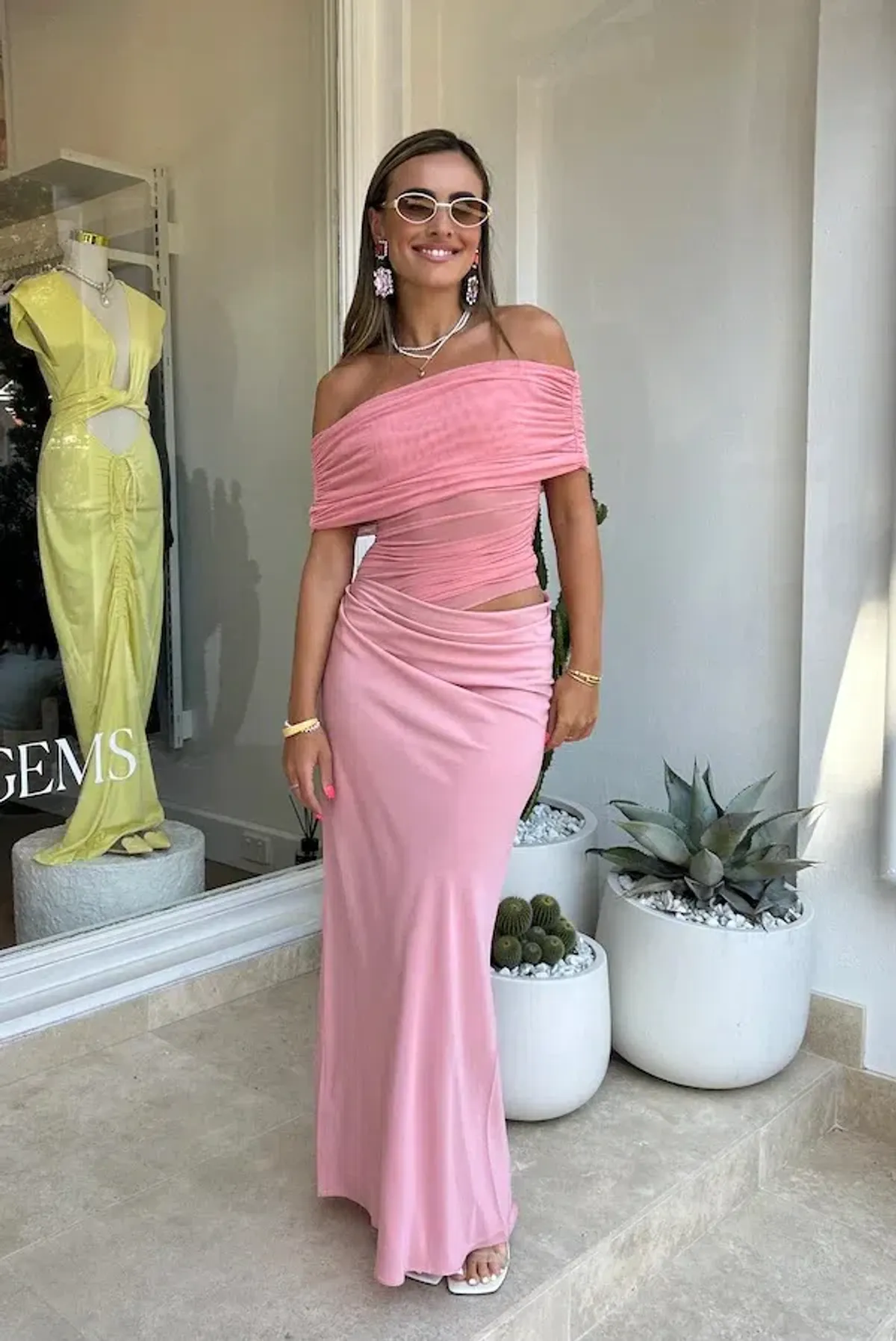 Benni Nico Off Shoulder Maxi Dress Candyfloss Pink Size 8  for rent on The Volte - main image