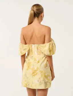 Forever New Jacquie Off Shoulder Mini Dress Gold Layla Botanical Size AU 12 for rent on The Volte - image 2