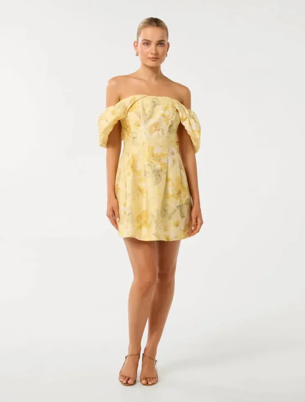 Forever New Jacquie Off Shoulder Mini Dress Gold Layla Botanical Size AU 12 for rent on The Volte - main image