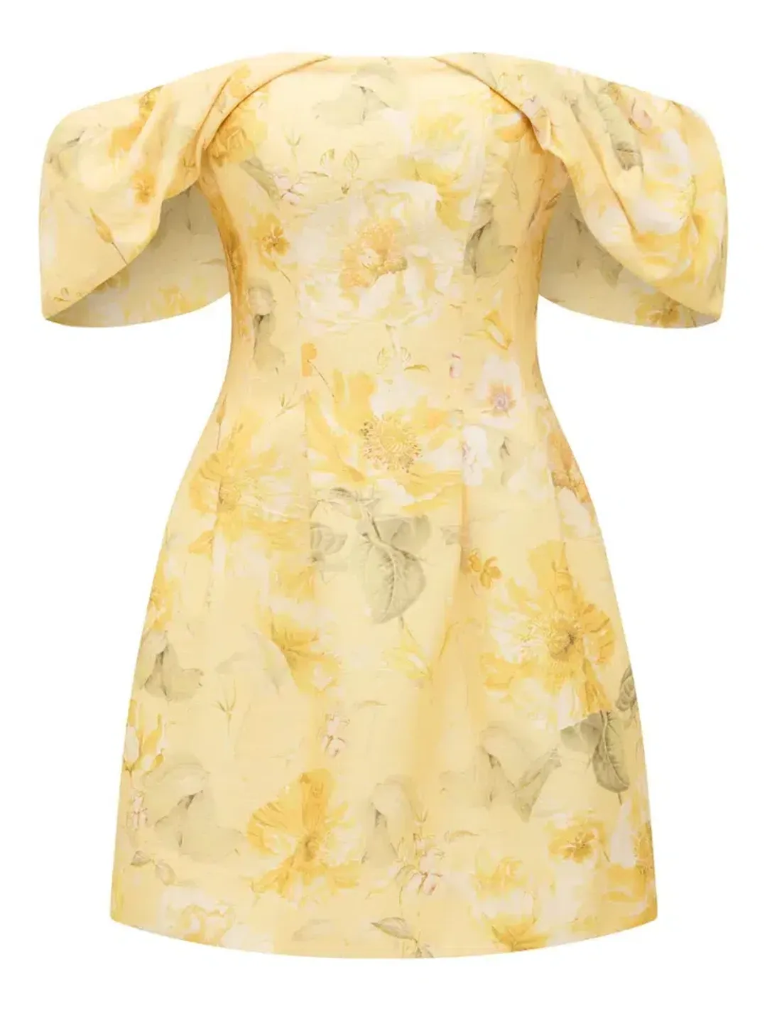 Forever New Jacquie Off Shoulder Mini Dress Gold Layla Botanical Size AU 12 for rent on The Volte - main image