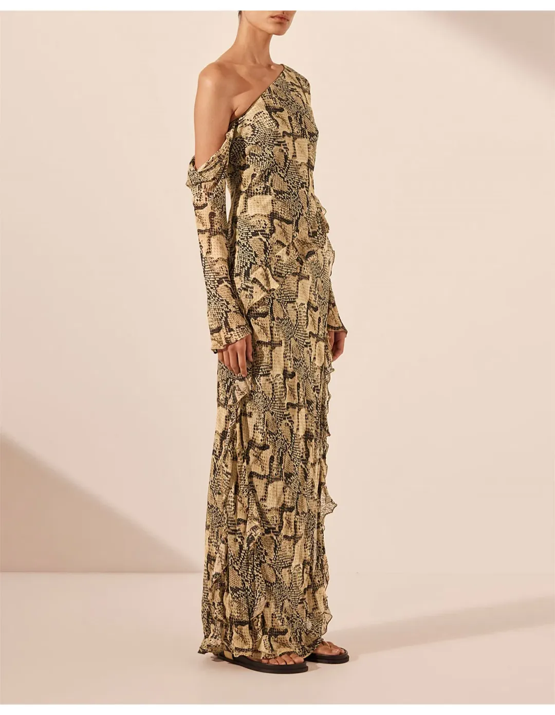 Shona Joy Hadiya Asymmetrical Long Sleeve Ruffle Maxi Dress Print Size 6 for rent on The Volte - main image