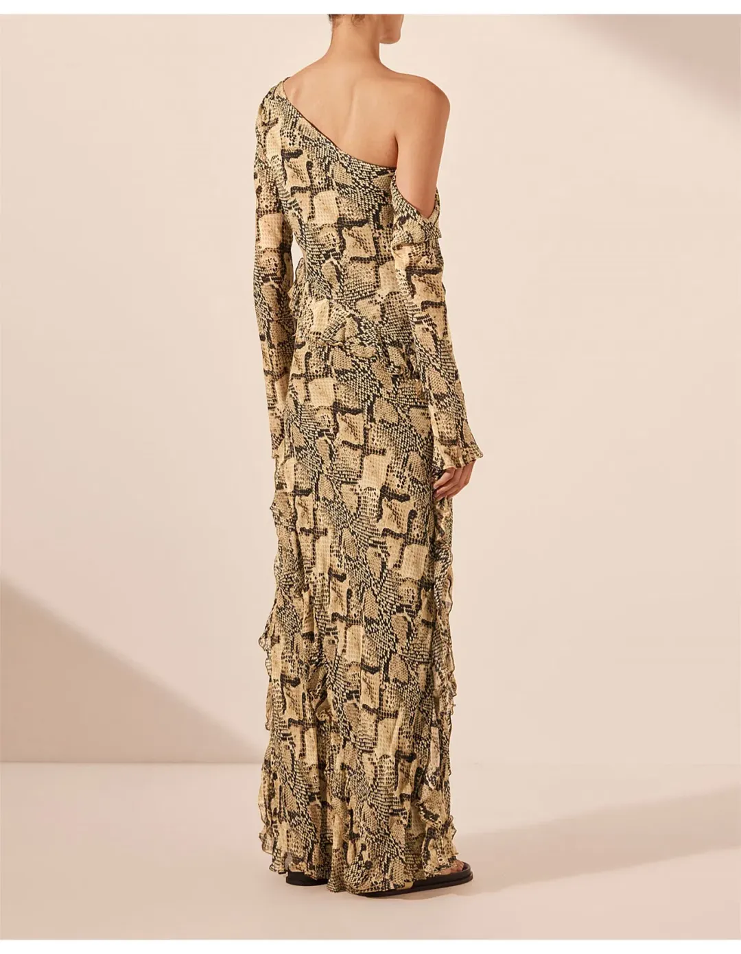 Shona Joy Hadiya Asymmetrical Long Sleeve Ruffle Maxi Dress Print Size 6 for rent on The Volte - main image