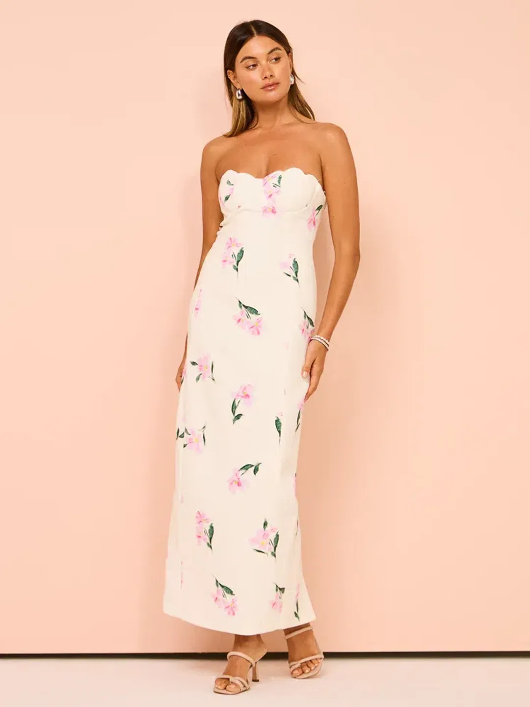 Issy Scalloped Bodice Midi Dress In Rose Print AU 14 for rent on The Volte - main image