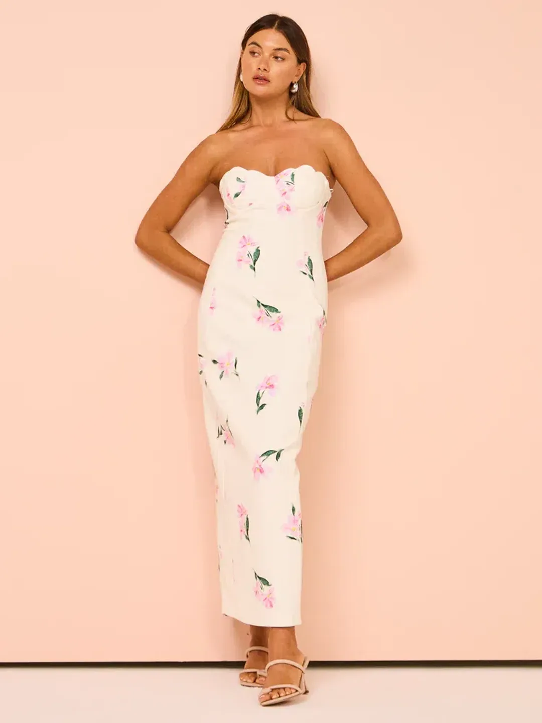 Issy Scalloped Bodice Midi Dress In Rose Print AU 14 for rent on The Volte - main image