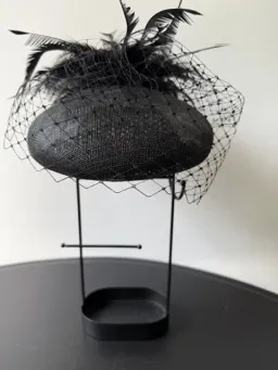 Morgan and Taylor Straw Beret Millinery with Feathers and Veil Black One Size  for rent on The Volte - image 1