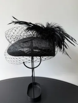 Morgan and Taylor Straw Beret Millinery with Feathers and Veil Black One Size  for rent on The Volte - image 2