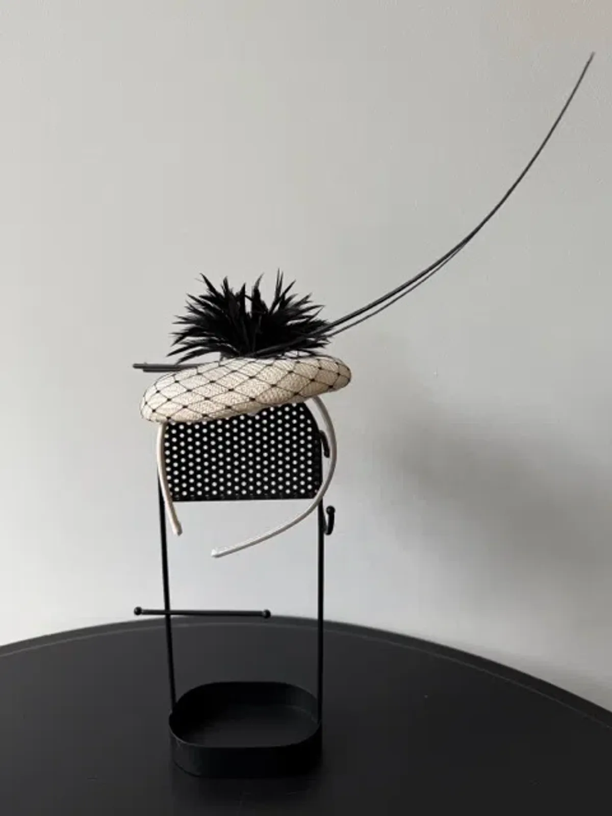 Olga Berg Small Raffia Beret Fascinator Black and White for rent on The Volte - main image