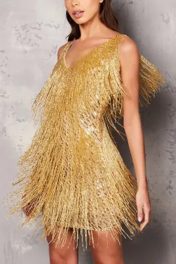 Nadine Merabi Sadie Beaded Fringe Mini Dress Gold Size XS / AU 6 for rent on The Volte - image 2