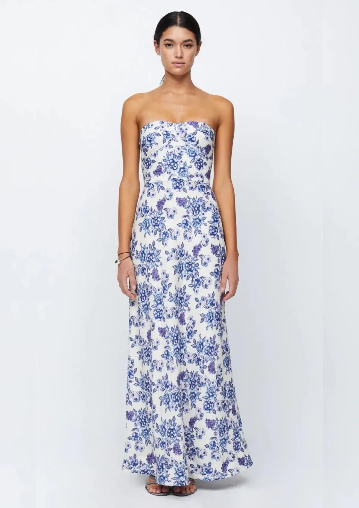 Bec & Bridge Audette Strapless Linen Maxi Dress Floral White Blue Size XS/ AU 6 for rent on The Volte - main image