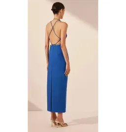 Shona Joy Lani Draped Cross Back Midi Dress Azure Blue Size AU 14  for rent on The Volte - image 3