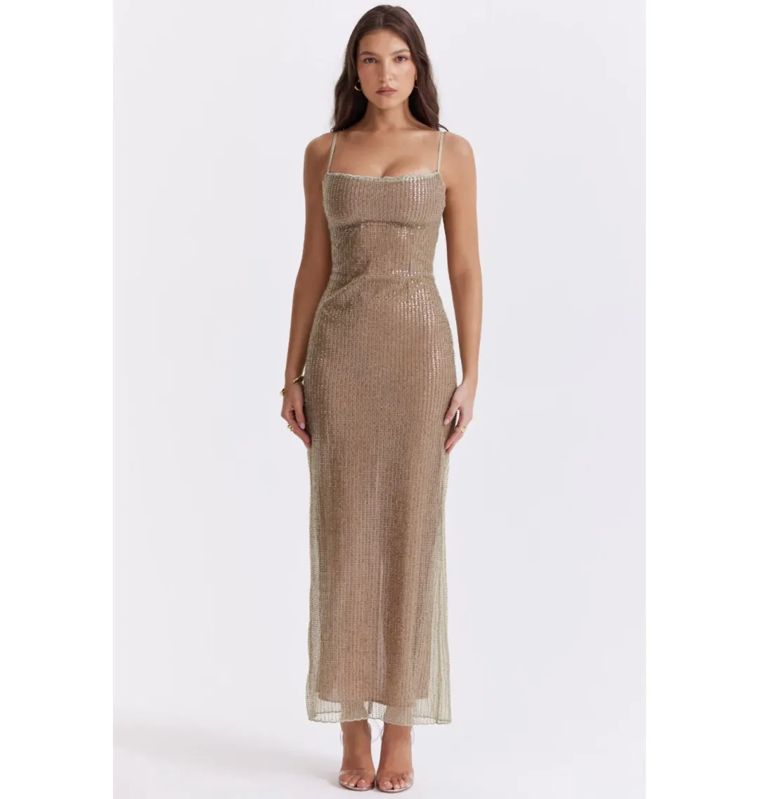 House of CB Alondra Beaded Maxi Dress Cafe Au Lait Size AU 6 for rent on The Volte - main image