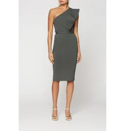 Scanlan Theodore Crepe Knit One Shoulder Ruffle Midi Dress Khaki Size XS / AU 6  for rent on The Volte - image 1