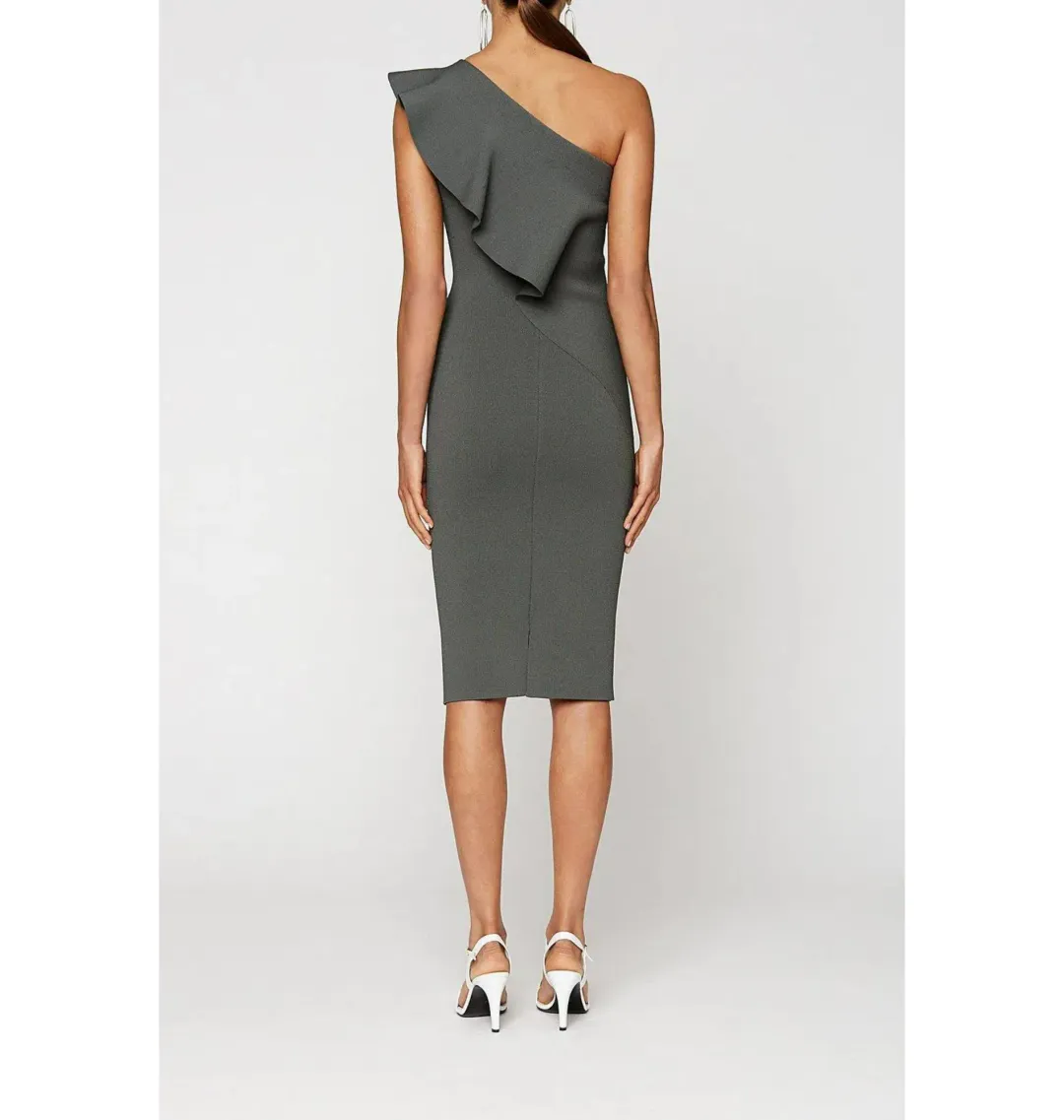 Scanlan Theodore Crepe Knit One Shoulder Ruffle Midi Dress Khaki Size XS / AU 6  for rent on The Volte - main image