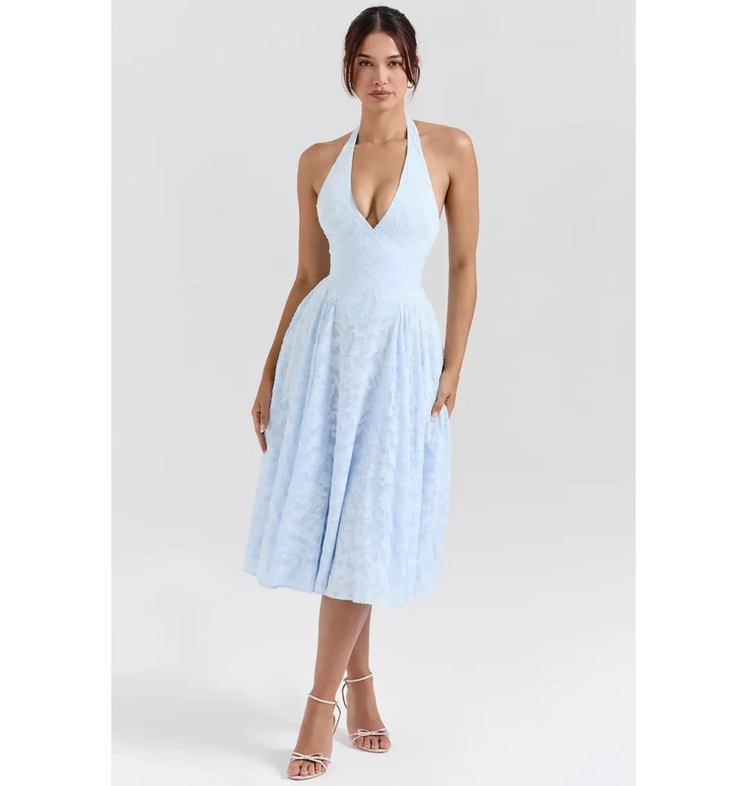 House of CB Arietta Jacquard Halter Midi Dress Bluebell Floral Size AU 6  for rent on The Volte - main image