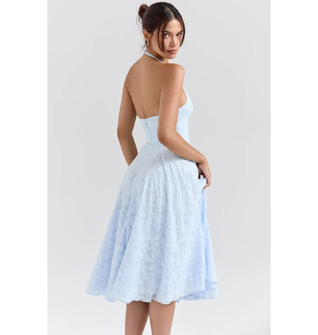 House of CB Arietta Jacquard Halter Midi Dress Bluebell Floral Size AU 6  for rent on The Volte - main image