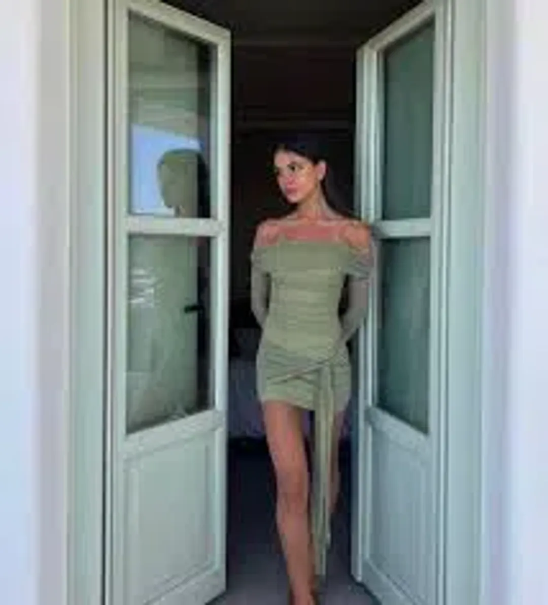 Benni Yasmin Off Shoulder Mini Dress in Pistachio Size 8 for rent on The Volte - main image