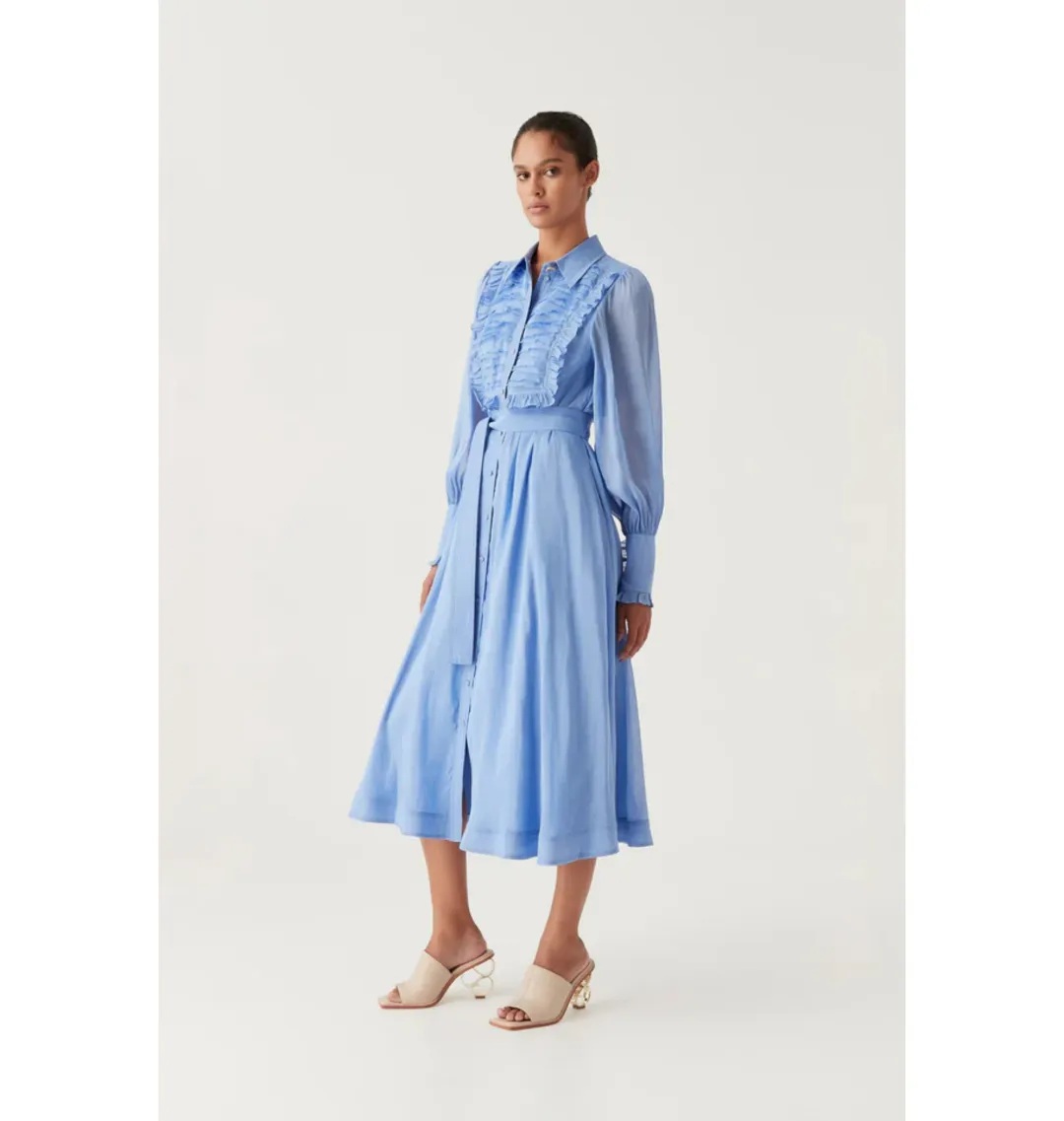 Aje Iris Pleated Bib Midi Dress Mist Blue Size AU 12 for rent on The Volte - main image