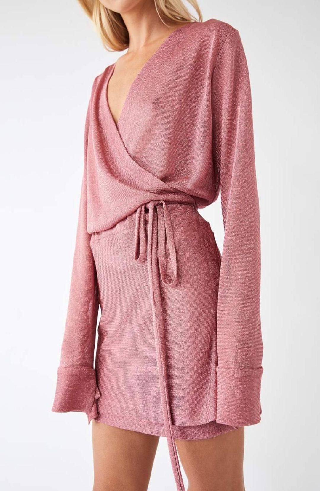 Kacey Devlin Formation Mini Wrap Dress Metallic Pink Size 10 for rent on The Volte - main image