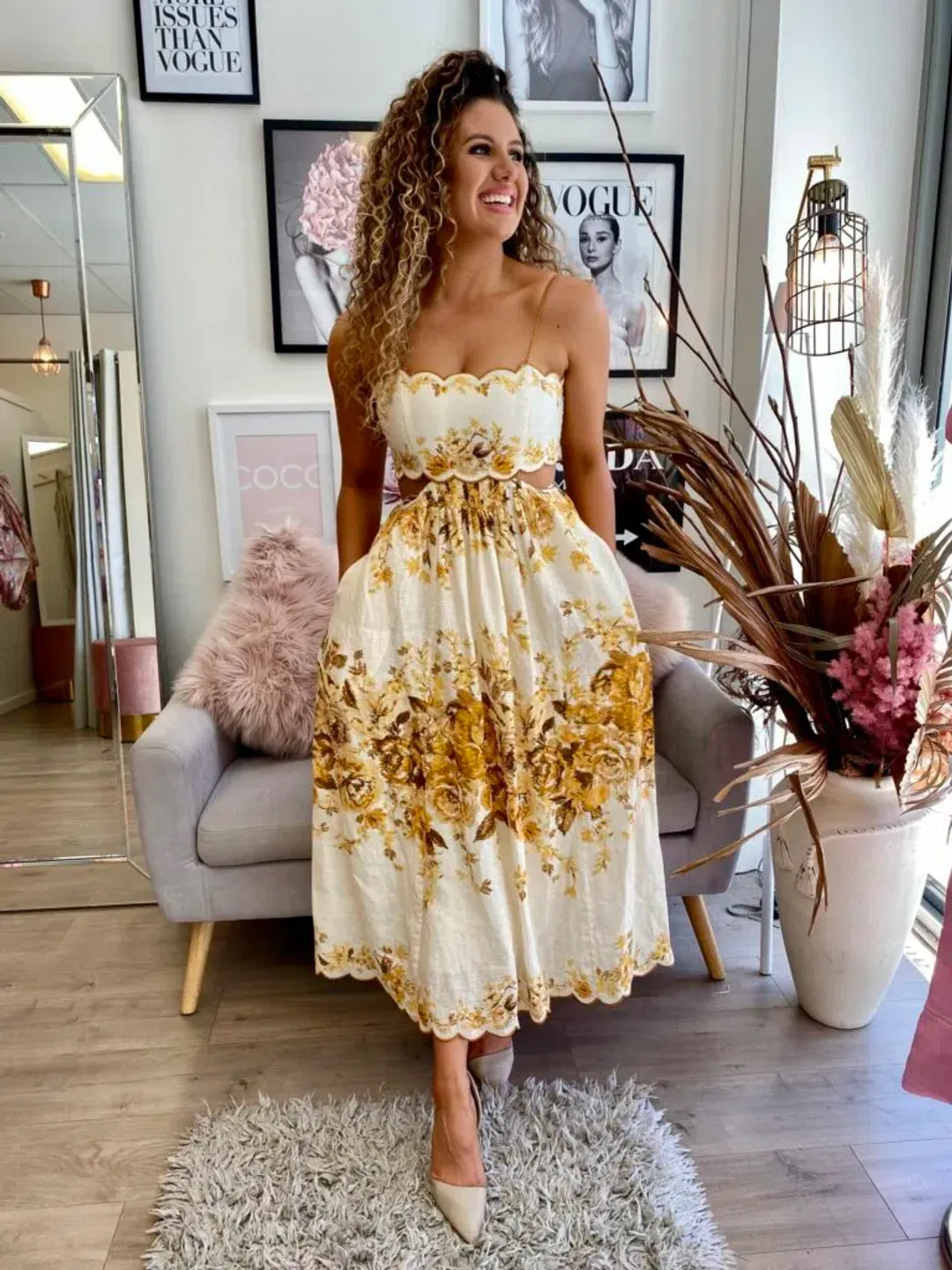Zimmermann Aliane Scallop Midi Dress Amber Floral Size 8 for rent on The Volte - main image