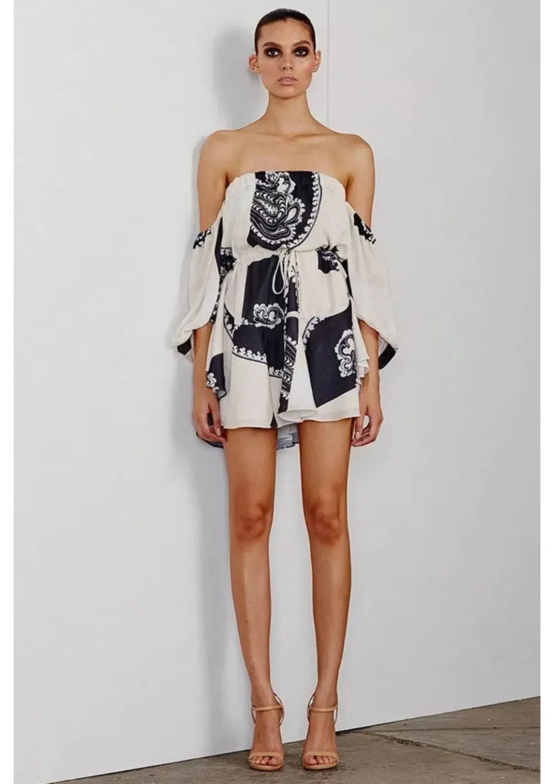Shona Joy Manuela Off The Shoulder Drawstring Mini Dress Print Size AU 6 for rent on The Volte - main image